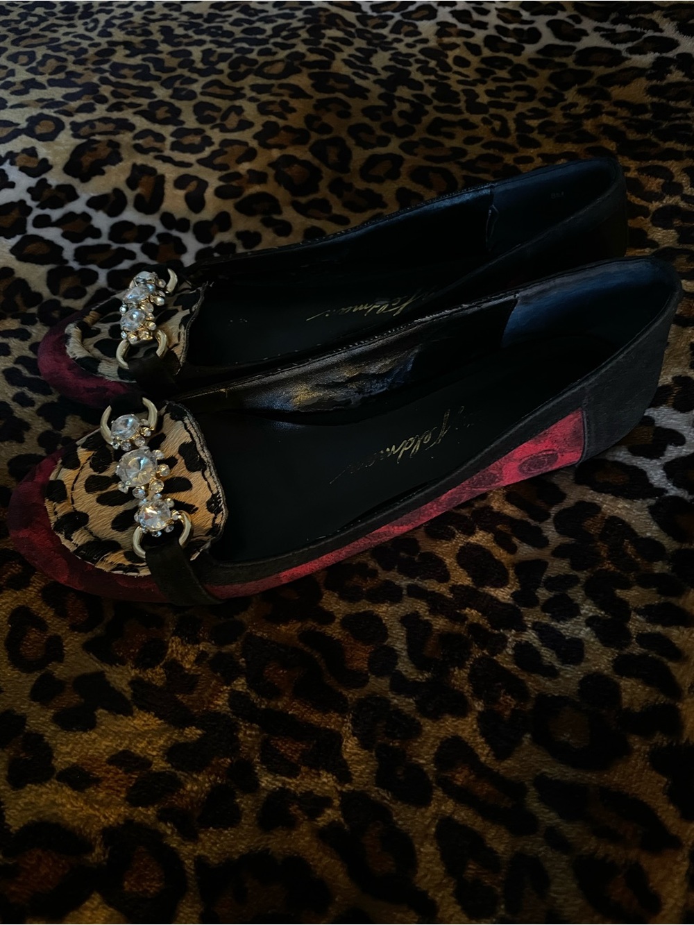 Beverly Feldman Black and Burgundy Leopard-Accent Flats with Crystal Chain